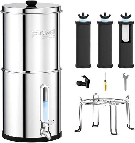 Purewell 2.25G Gravity-fed Water Filter System with 3 Filters, 3-Stage Ultra-Filtration Stainless Steel Countertop System with Water Level Window, Reduce 99% Chlorine, 9,000G Filter Capacity, PW-KS-3C in Kuwait