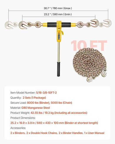 رابط سلسلة Vevor Ratchet ، 5/16 في سلاسل × 14 قدمًا G80 ، حمولة عمل 8000 رطل من موثق تحميل السقاطة ، سلاسل ومجموعة التجميع ، اربط عدادات سلسلة النقل للسحب ، القطر ، التسجيل (مجموعتين) in Kuwait
