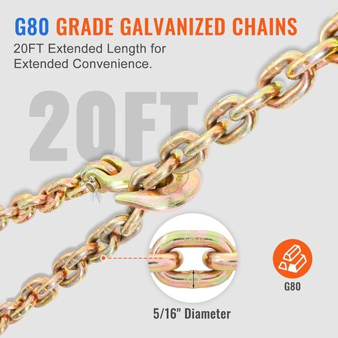 رابط سلسلة Vevor Ratchet ، 5/16 في سلاسل × 14 قدمًا G80 ، حمولة عمل 8000 رطل من موثق تحميل السقاطة ، سلاسل ومجموعة التجميع ، اربط عدادات سلسلة النقل للسحب ، القطر ، التسجيل (مجموعتين) in Kuwait