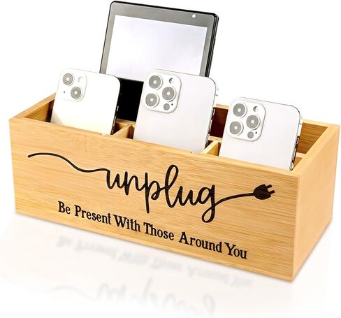 Bamboo Wood Phone Box – Unplug from Phones, Tablets, and Electronics for Study, Meetings, and Family Time, Phone Holder Organizer with Charging Holes, Farmhouse Style, Holds Up to 18 Phones-Black in Kuwait