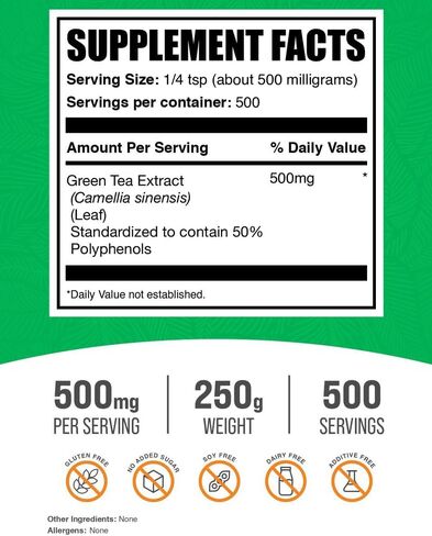 BulkSupplements.com Green Tea Extract Powder - 50% Polyphenol, Green Tea Supplement, Herbal Supplement - Gluten Free, 500mg per Serving, 250g (8.8 oz) (Pack of 1) in Saudi Arabia