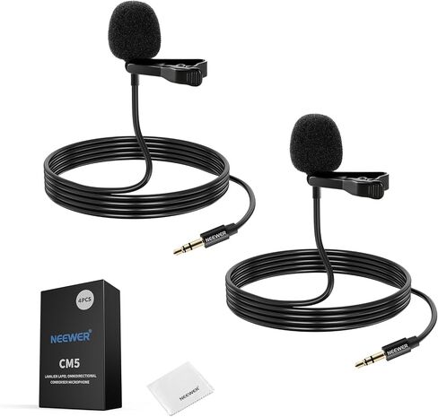 NEEWER ø4mm Mini Lavalier Microphone (2 Pack), Clip On Wired Condenser Lapel Lav Mic Set with 5ft/1.5m 3.5mm TRS Connector Compatible with DJI Mic 2 Rode Wireless Go II CM28 CM31 Camera, LM8 in Saudi Arabia