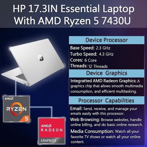 HP 17 بوصة كمبيوتر محمول 2025 ، 17.3 "HD+ شاشة تعمل باللمس ، ترخيص Office Pro Lifetime ، ذاكرة وصول عشوائي 64 جيجا بايت ، 2 تيرابايت SSD ، AMD Ryzen 5 7430U ، AMD Radeon Graphics ، Copilot-AAI ، Wi-Fi 6 ، Windows 11 Pro ، W/Acesalories in Kuwait