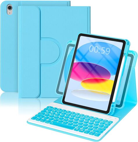 YBING Keyboard Case for iPad 10th Gen 10.9 inch(2022) & 11th Gen(A16, 2025), 360 Rotation Magnetic Cover with 7-Color Backlit Wireless Detachable Keypad with Pencil Holder for iPad 11th/10 Gen (Blue) in Kuwait