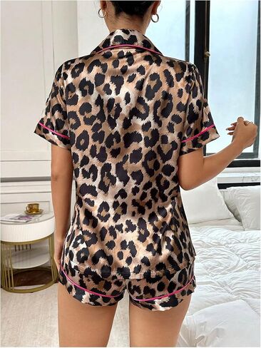 Women's 2 Piece Stain Pajama Set Leopard Button Front Short Sleeve Cheetah Collar Shirt and Shorts Sleepwear Set Pjs in Saudi Arabia