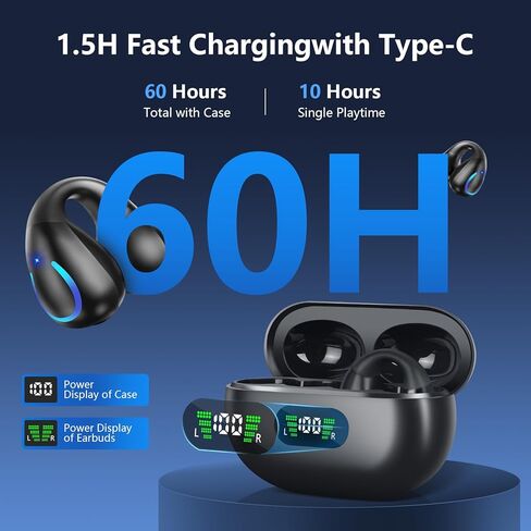 سماعات رأس Bluetooth حقيقية لاسلكية الأذن 60H تشغيل أذن عرض أذن عرض أذن مع حالة شحن لاسلكية IPX5 مقاومة للماء مع ميكروفون للتلفزيون للهاتف الذكي كمبيوتر الكمبيوتر الرياضي الأزرق in Kuwait