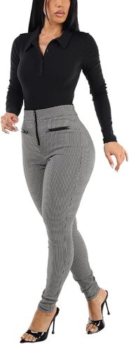 moda xpress جونيورز للسيدات عالي الخصر سحب بعقب يرفع أسود ، منقوش ، سراويل نحيفة مطبوعة 10596r in Kuwait