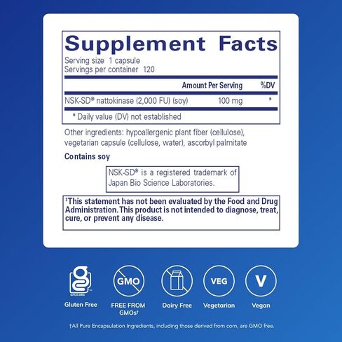 Pure Encapsulations NSK-SD - 100 mg Nattokinase - for Normal Blood Circulation - Supports Fibrinolytic Activity* - Gluten Free & Non-GMO - 60 Capsules in Kuwait