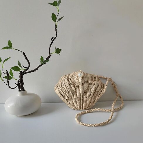 Shell Purse Straw Clutch Purse Woven Shell Shape Shoulder Crossbody Rattan Beachy Seashell Bags Beaded Trendy in Kuwait