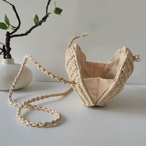 Shell Purse Straw Clutch Purse Woven Shell Shape Shoulder Crossbody Rattan Beachy Seashell Bags Beaded Trendy in Kuwait