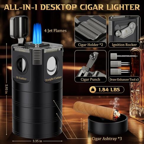 XIFEI 8-in-1 Desktop Cigar Lighter with Straight V-Cut Cutter, 3 Ashtrays, 3 Draw Enhancer Tools, 2 Stands, Cigar Punch, 4 Jet Flame Butane Torch Lighters, Luxury Accessories Gift Set (Silver) in Kuwait
