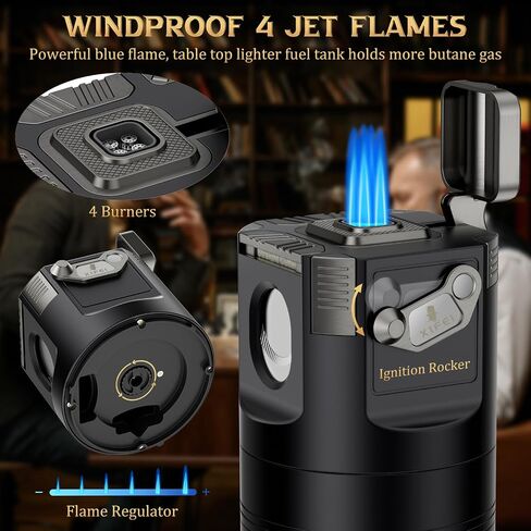 XIFEI 8-in-1 Desktop Cigar Lighter with Straight V-Cut Cutter, 3 Ashtrays, 3 Draw Enhancer Tools, 2 Stands, Cigar Punch, 4 Jet Flame Butane Torch Lighters, Luxury Accessories Gift Set (Silver) in Kuwait