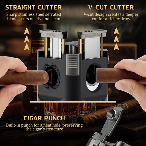 XIFEI 8-in-1 Desktop Cigar Lighter with Straight V-Cut Cutter, 3 Ashtrays, 3 Draw Enhancer Tools, 2 Stands, Cigar Punch, 4 Jet Flame Butane Torch Lighters, Luxury Accessories Gift Set (Silver) in Kuwait