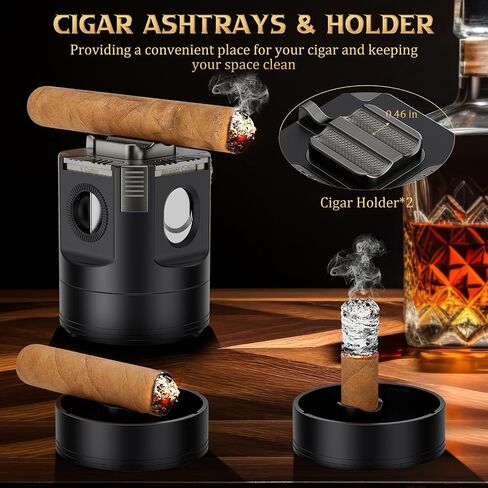 XIFEI 8-in-1 Desktop Cigar Lighter with Straight V-Cut Cutter, 3 Ashtrays, 3 Draw Enhancer Tools, 2 Stands, Cigar Punch, 4 Jet Flame Butane Torch Lighters, Luxury Accessories Gift Set (Silver) in Kuwait