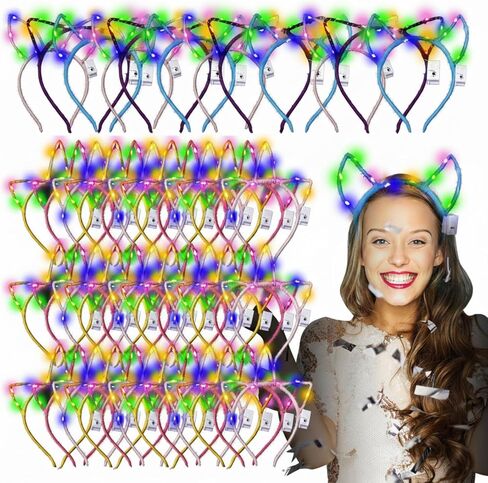 Xinnun 64 Pieces Light up Cat Ears Headband LED Bunny Glow in Dark Cat Ears Hairband Party Supplies for Women Adult Costume in Kuwait