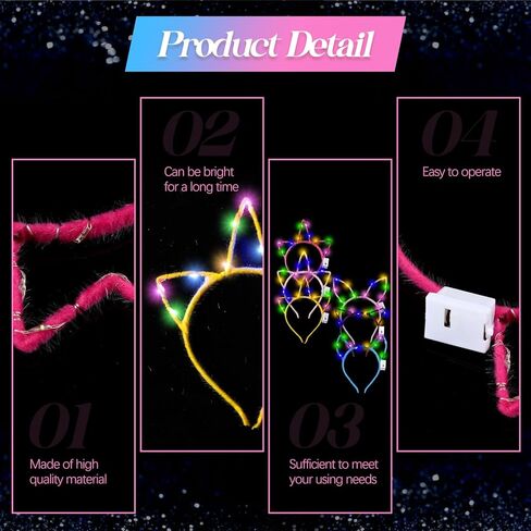 Xinnun 64 Pieces Light up Cat Ears Headband LED Bunny Glow in Dark Cat Ears Hairband Party Supplies for Women Adult Costume in Kuwait