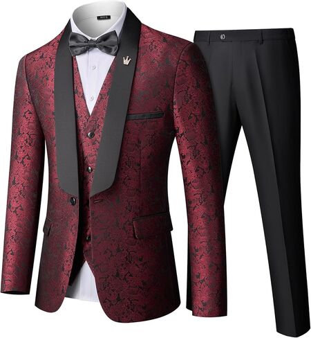 MY'S Men's Floral Tuxedo, 3 Piece Slim Fit Jacquard Suit, Jacket Vest and Pants Shawl Lapel with Bow Tie for Wedding Prom in Kuwait