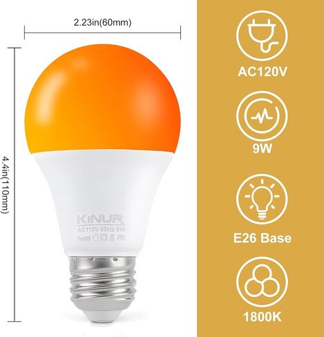 مصابيح الإضاءة الكهرمانية LED من KINUR، A19 9W (ما يعادل 60W) 1800K E26 A19 مصابيح الضوء الناعمة العنبر مصابيح الإضاءة الدافئة لغرفة النوم، والنوم الصحي، وإضاءة حضانة الأطفال، ومصابيح الإضاءة الصديقة للسلاحف 4 عبوات in Kuwait