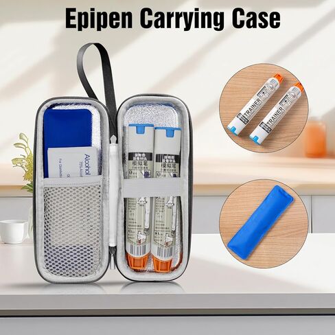 EpiPen Medical Carrying Case, Epi Pens Carrying Case for Travel, Medication Organizer Bag, Fits 2 EpiPens, Asthma Inhaler, Allergy Medicine, With Ice Pack, Programmable NFC Medical Warning Tags (Pink) in Kuwait