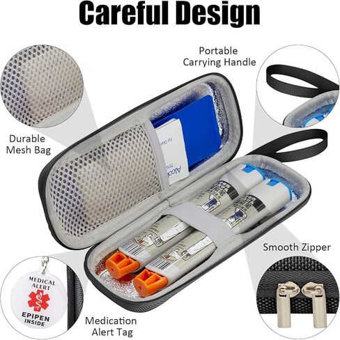 EpiPen Medical Carrying Case, Epi Pens Carrying Case for Travel, Medication Organizer Bag, Fits 2 EpiPens, Asthma Inhaler, Allergy Medicine, With Ice Pack, Programmable NFC Medical Warning Tags (Pink) in Kuwait