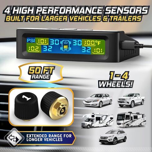 مجموعة أجهزة استشعار TPMS من 4 | 0-98psi أجهزة استشعار ضغط الإطارات الخارجية من 4 | نظام مراقبة الإطارات | 4 و 2-WHEEL MODE | شاشة LCD ألوان تلقائية | منع الانفجارات ، والإطارات المسطحة والقيادة بأمان! in Kuwait
