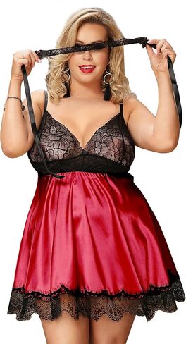 ohyeah Satin Slip V-Neck Lace Babydoll Crotchless Teddy Dress Sexy Valentines Lingerie Set for Women Silk Chemise Nightgown in Saudi Arabia