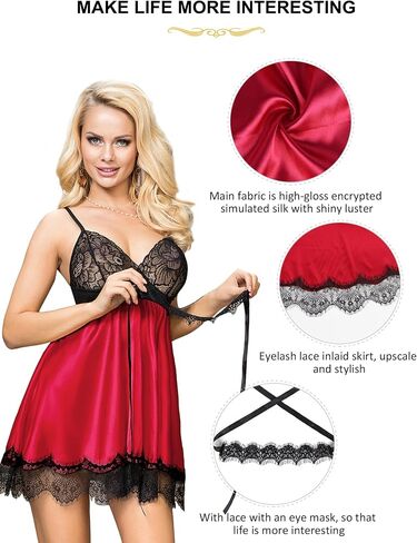 ohyeah Satin Slip V-Neck Lace Babydoll Crotchless Teddy Dress Sexy Valentines Lingerie Set for Women Silk Chemise Nightgown in Saudi Arabia