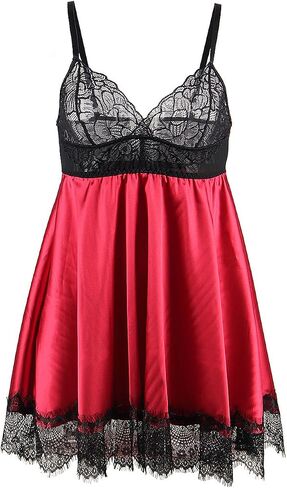 ohyeah Satin Slip V-Neck Lace Babydoll Crotchless Teddy Dress Sexy Valentines Lingerie Set for Women Silk Chemise Nightgown in Saudi Arabia
