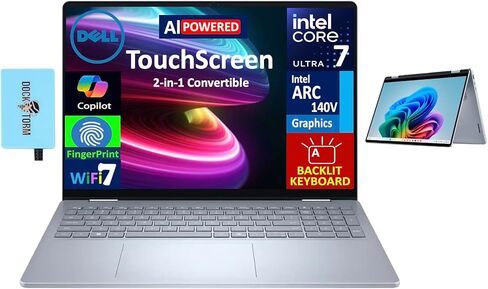 Dell 16 AI Business 2-in-1 LAPTOP 16.0 "شاشة تعمل باللمس wuxga (Intel Ultra 7-256V ، 16GB LPDDR5X ، 1TB M.2 PCIE SSD ، Backlit KB ، Phunsprint ، WiFi 7 ، Webcam ، Win 11 Pro) W/DKZ USB Expander in Kuwait