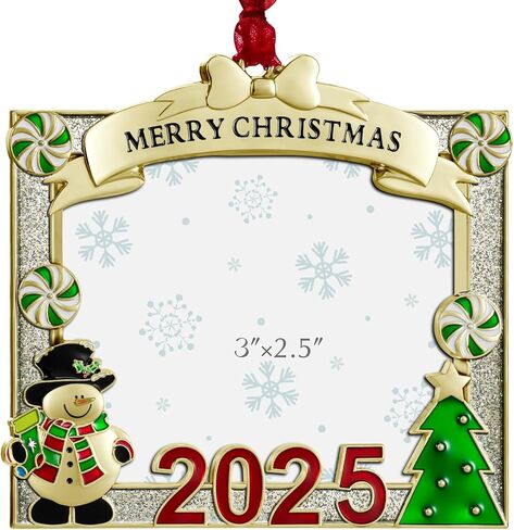 2024 شجرة عيد الميلاد زخرفة إطار الصورة - مصنوعة من سبائك الزنك بريق مسحوق قلادة 3x2 بوصة زخرفة إطار الصورة للحيوانات الأليفة والطفل هدية تذكار عطلة (رجل ثلج، فضي) in Saudi Arabia