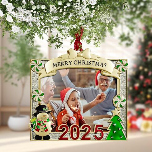 2024 شجرة عيد الميلاد زخرفة إطار الصورة - مصنوعة من سبائك الزنك بريق مسحوق قلادة 3x2 بوصة زخرفة إطار الصورة للحيوانات الأليفة والطفل هدية تذكار عطلة (رجل ثلج، فضي) in Saudi Arabia