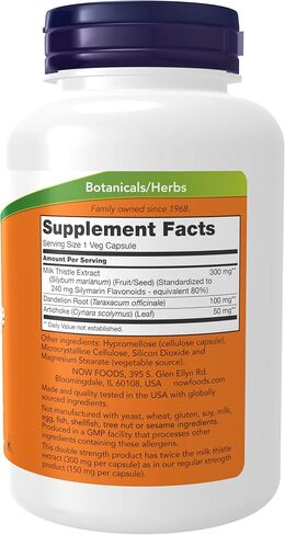 NOW Foods Supplements, Silymarin Milk Thistle Extract 300 mg with Artichoke and Dandelion, Double Strength, Supports Liver Function*, 100 Veg Capsules in Saudi Arabia