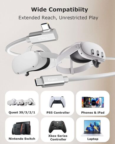 كبل Kuject Link Cable 16ft متوافق مع Quest 3S/3 ، Quest 2/Pro ، PICO 4 ، VR CELLESS CABLE لألعاب RIFT S/Steam VR ، USB 3.0 TYPE C TO C HISE SPEED TRANDATION CORC in Kuwait