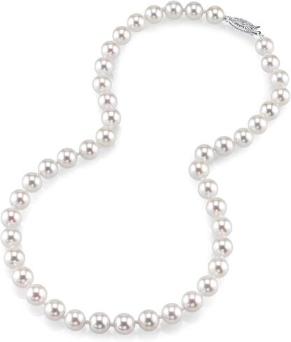 The Pearl Source 18K Gold 7.5-8.0mm Round Genuine White Japanese Akoya Saltwater Cultured Pearl Necklace in 18" Princess Length for Women in Saudi Arabia