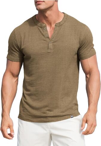 Henley Shirts for Men Short Sleeve Casual Cotton Button-Up T-Shirt - Classic Crew Neck Basic Tee in Kuwait