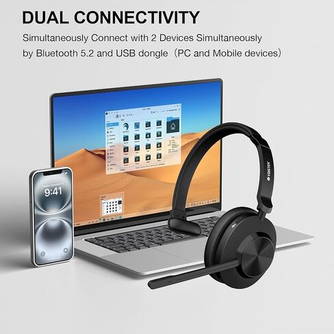 Wireless Headset with Mic,Wireless Work Headset Bluetooth V5.3 with AI Noise Cancelling Mic with USB Dongle & Mic Mute for PC Computer Laptop Cell Phones Remote Work Home Office Call Center Zoom Skype in Kuwait