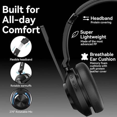 Wireless Headset with Mic,Wireless Work Headset Bluetooth V5.3 with AI Noise Cancelling Mic with USB Dongle & Mic Mute for PC Computer Laptop Cell Phones Remote Work Home Office Call Center Zoom Skype in Kuwait