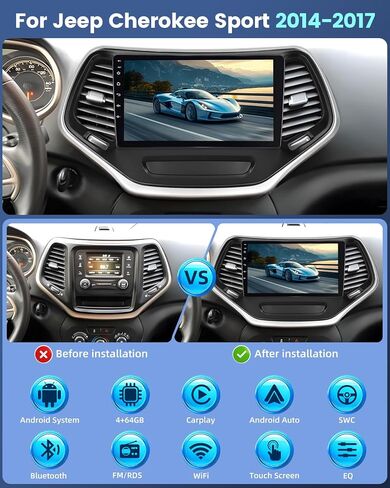 ستيريو Ekat Car لـ Jeep Cherokee Sport 2014 2015 2015 2017 مع راديو شاش أندرويد اللاسلكي/Android 2G+64G - 10 بوصة مع المعادل ، WiFi ، GPS ، FM RDS ، AHD الخلفي Cam in Kuwait