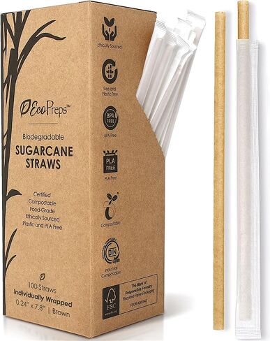 قش قصب السكر القابل للتحلل الحيوي، قش ملفوف بشكل فردي قابل للتحلل | عدد 100، شفاطات شرب خالية من البلاستيك بنسبة 100% وصديقة للبيئة | شفاطات من ألياف السكر مقاس 7.8 بوصة للاستعمال مرة واحدة، معبأة في غلاف ورقي in Kuwait