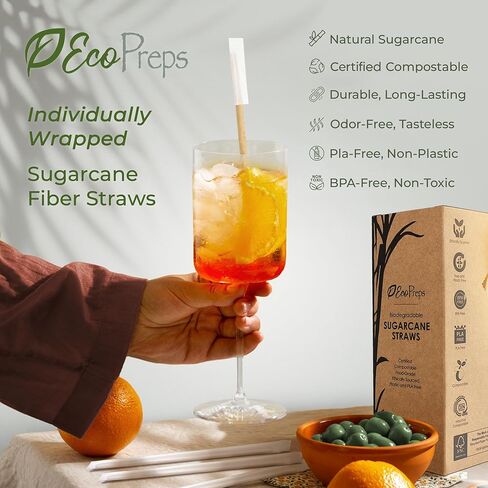 قش قصب السكر القابل للتحلل الحيوي، قش ملفوف بشكل فردي قابل للتحلل | عدد 100، شفاطات شرب خالية من البلاستيك بنسبة 100% وصديقة للبيئة | شفاطات من ألياف السكر مقاس 7.8 بوصة للاستعمال مرة واحدة، معبأة في غلاف ورقي in Kuwait