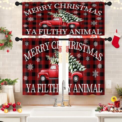 Christmas Kitchen Curtains Christmas Tree Grey RedWindow Curtains Valance and Tier Set 36 Inch Rod Pocket Short Tier Curtain for Room Kitchen Decor in Saudi Arabia
