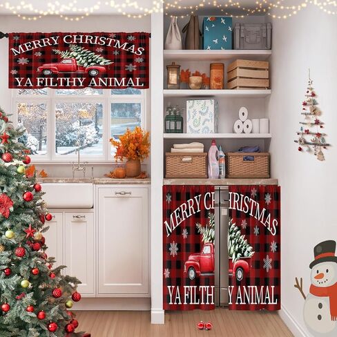Christmas Kitchen Curtains Christmas Tree Grey RedWindow Curtains Valance and Tier Set 36 Inch Rod Pocket Short Tier Curtain for Room Kitchen Decor in Saudi Arabia