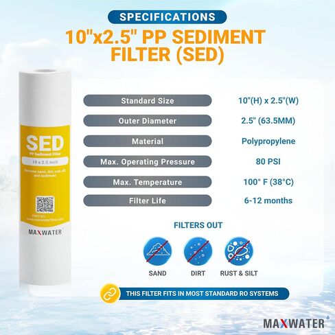 Max Water 10 inch x 2.5 inch, 5 Micron Replacement Sediment Water Filter Cartridge for Whole House, Melt Blown Filtration Fiber for Heavy Duty (Pack of 50) in Saudi Arabia