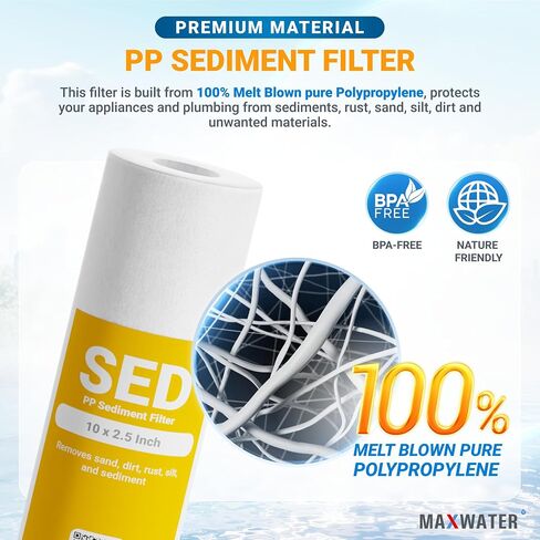 Max Water 10 inch x 2.5 inch, 5 Micron Replacement Sediment Water Filter Cartridge for Whole House, Melt Blown Filtration Fiber for Heavy Duty (Pack of 50) in Saudi Arabia