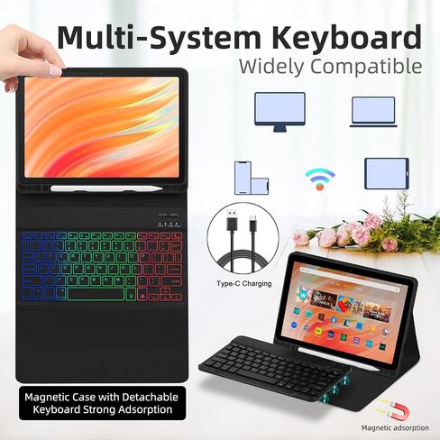 Tablet Case with Keyboard for Amazon Kindle Fire HD 10&10 Plus 11/13th Gen 10.1 inch,7 Color Rainbow Backlit Detachable Keyboard Magnetic Cover with Pen Slot HD 10 2021&2023 Dark Green+Black in Kuwait