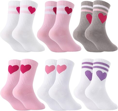 Jspupifip Kids Socks ، 6 أزواج من أفراد طاقم القطن الرياضي جوارب الجوارب الصغيرة المخططة مع القلوب الرجعية in Kuwait