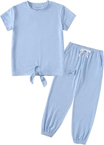 Girls pant Sets Stylish 2 Piece Outfits Short Sleeve Sweatshirt and Jogger Pants with Pockets for Kids in Kuwait