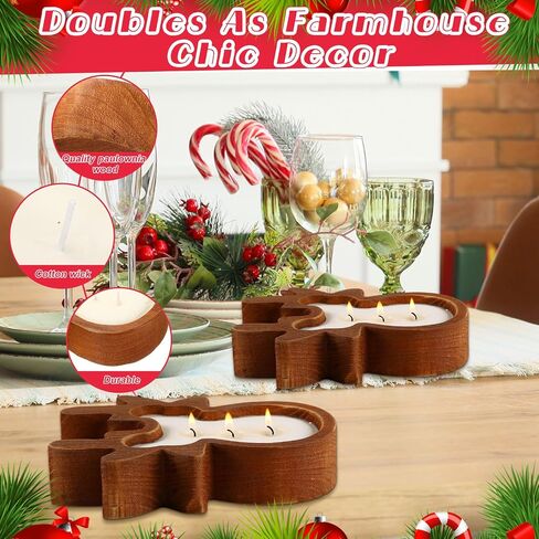 MTLEE 2 Pack Wood Dough Bowl Candle Christmas Wooden Candle Bowl Ginderbread Man Candle Xmas 3 Wick Farmhouse Bowl Candles with Berries Pine Label for Christmas Table Centerpiece Birthday Gift Decor in Saudi Arabia