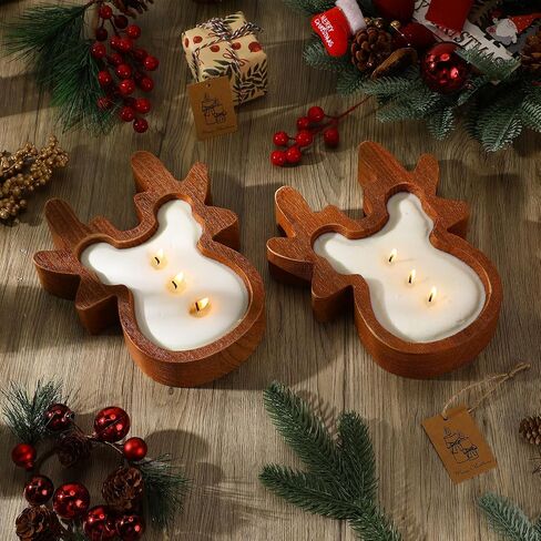 MTLEE 2 Pack Wood Dough Bowl Candle Christmas Wooden Candle Bowl Ginderbread Man Candle Xmas 3 Wick Farmhouse Bowl Candles with Berries Pine Label for Christmas Table Centerpiece Birthday Gift Decor in Saudi Arabia