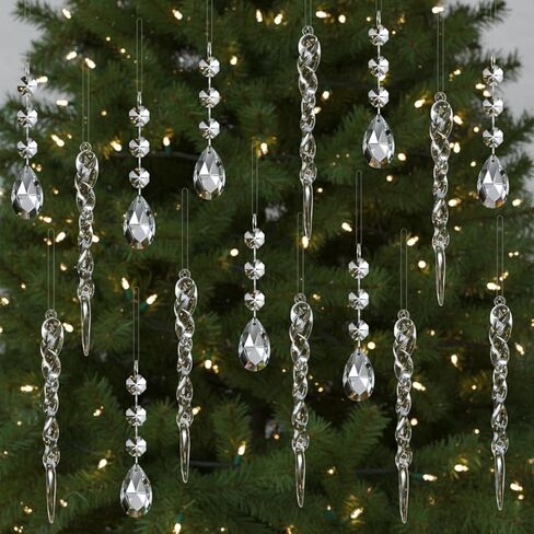 Qunclay 24 Pcs Clear Acrylic Icicle Christmas Tree Ornaments Crystal Ball Drops Clear Teardrop Chandelier Pendants Beads Set for Xmas Wedding Hanging Decorations in Kuwait